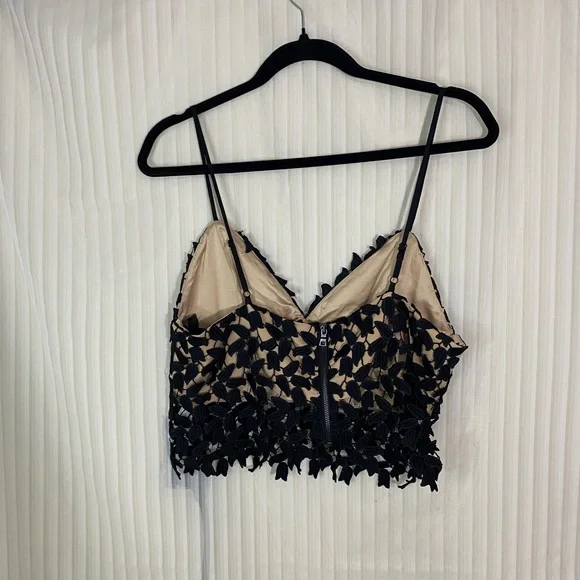 Bardot Black Lace Crop Top Nude Lined Bustier Cami Size US 10 Spaghetti Strap - Picture 5 of 8